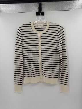 Eric Bompard Women's Cotton Cashmere Stripe Cardigan - Cream/Navy - Small